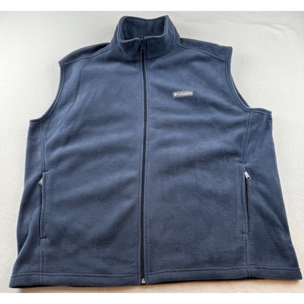 COLUMBIA MENS FLEECE VEST FULL ZIP XXL SLEEVELESS BLUE ZIP POCKETS BLUE OUTDOOR